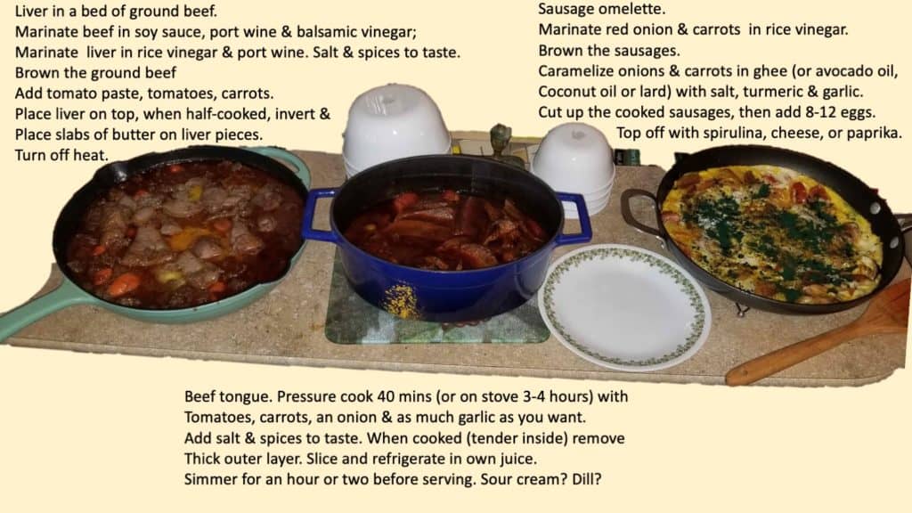 Liver in ground beef; beef tongue; sausage eggs omelette - a 1915 Farm food dinner.